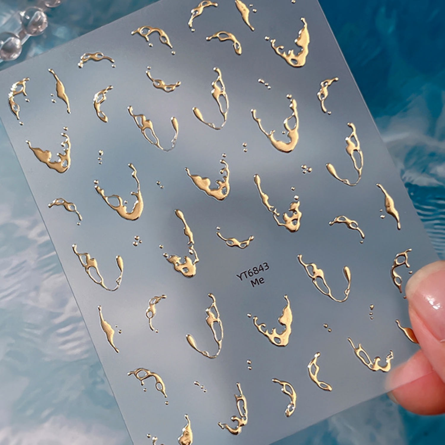 Freshwater Line - Goldfolie Wasserspritzer 5D Nagelkunst-Aufkleber Heißprägung Wellenlinie